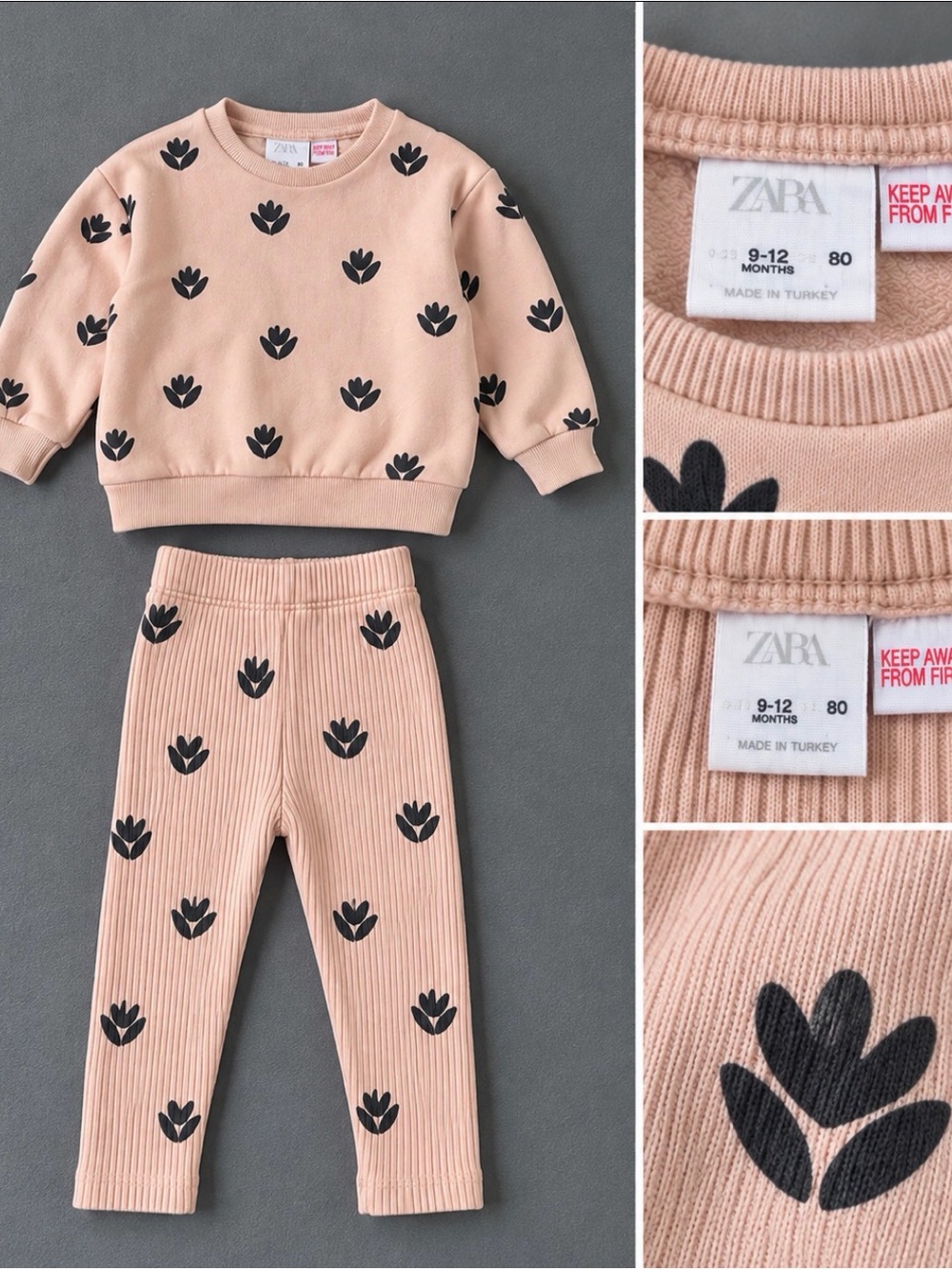 Zara Kids Peach Ribbed Leggings and Sweatshirt Set with Black Floral Motif